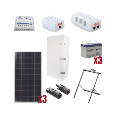 Kit Solar de 35 W con PoE 802.3af y PoE Pasivo 24 Vcc para una Cámara IP y un Radio Ubiquiti airMAX o Cambium ePMP. - SYSCOM