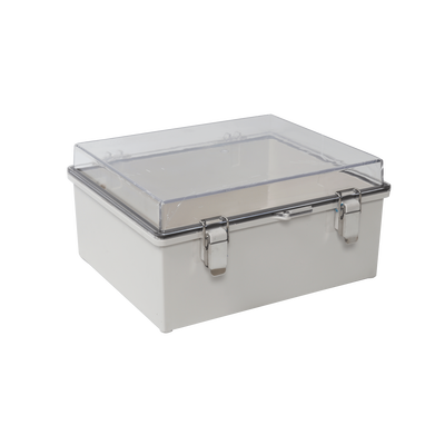 Gabinete Plástico ABS, Puerta Transparente, Uso en Intemperie IP66 (170 x 220 x 110 mm) Cierre por Broches Inoxidables y Perm