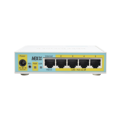 (hEX PoE LITE) RouterBoard, 5 Puertos Fast Ethernet, 4 con PoE Pasivo, 1 Puerto USB - MIKROTIK