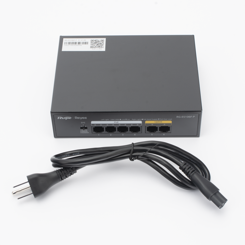 Switch PoE+ / 6 Puertos 10/100 Mbps / 54W PoE Total / No Administrable / Sin Ventilador | SIERRA STORE