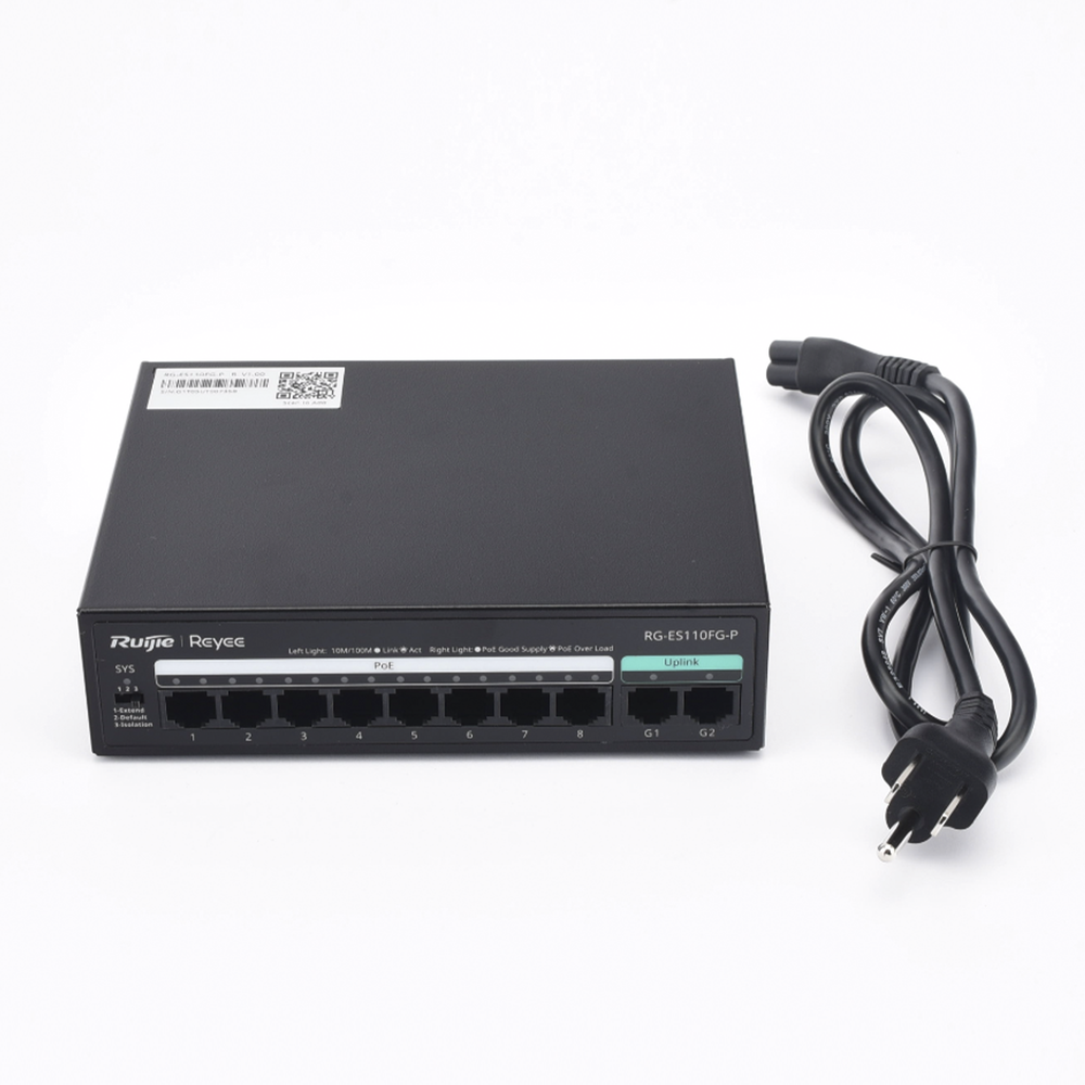 Switch PoE+ No Administrable / 8 Puertos PoE+ 10/100 / 2 Uplinks Gigabit / 110 W / Sin Ventilador / Protección 4 kV | SIERRA STORE