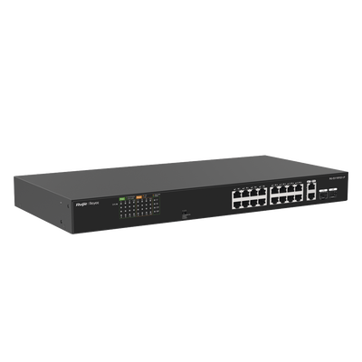 Switch PoE+ no Administrable, Hasta 120 Watts, Ideal para CCTV, 16 Puertos PoE +10/100, 2 Uplinks Gigabit y 2 SFP COMBO RU...
