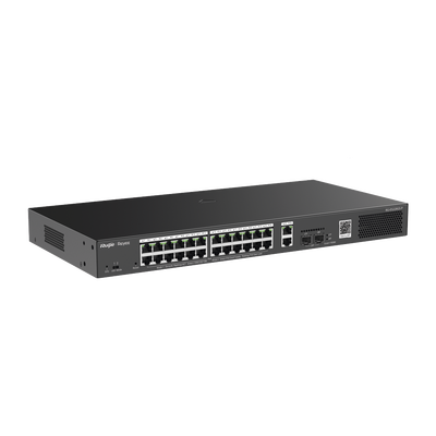 Switch Smart PoE con 24 puertos Gigabit PoE 802.3af/at + 2 SFP para fibra 1Gb, gestión gratuita desde la nube, 370w RUIJIE...