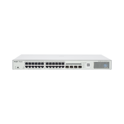 Switch Administrable L2 PoE+ hasta 370W, 24 Puertos Eth 1G, 4 puertos SFP 1G, Administración Remota en la Nube. - RUIJIE