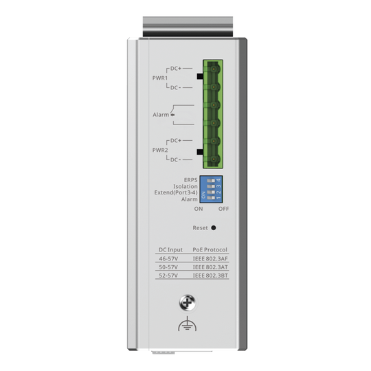 Switch Industrial PoE+ / 4 Puertos Gigabit / 1 PoE++ 60W + 3 PoE+ 30W / 2 SFP Uplink / 12 Gbps / -40°C a 75°C / Protección 6 kV | SIERRA STORE