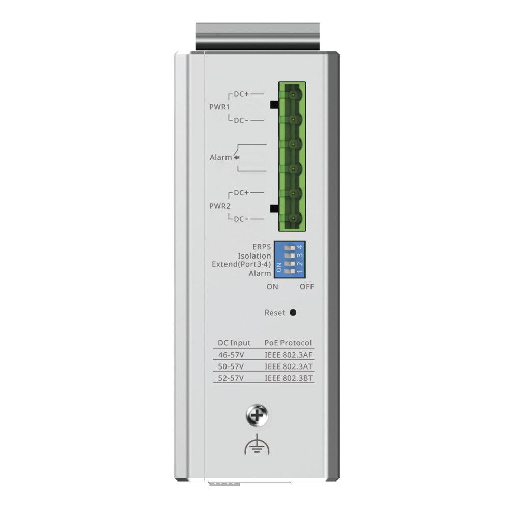 Switch Industrial PoE+ / 4 Puertos Gigabit / 1 PoE++ 60W + 3 PoE+ 30W / 2 SFP Uplink / 12 Gbps / -40°C a 75°C / Protección 6 kV | SIERRA STORE