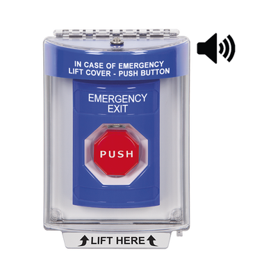 Botón De Salida De Emergencia Con Bocina De Advertencia Integrada, Interior/Exterior, Texto En Ingles, Tapa Protectora De ...