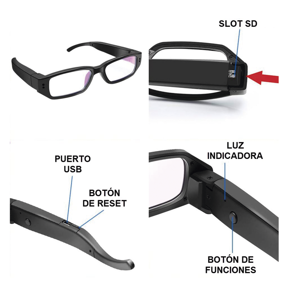 Cámara Oculta en Lentes (Spyce Camera) / Resolución 2 Megapixel (1080P) / Memoria de 8GB / Grabación de Audio y Vídeo / Captura de | SIERRA STORE