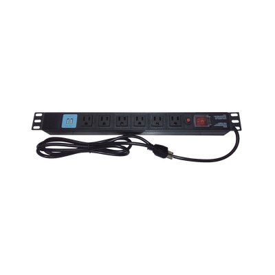 Tomacorriente Horizontal (PDU) de 6 contactos (NEMA 5-15R) + 2 USB para instalación en Rack de 19", 1UR, 125 Vca/ 15 A (TH...