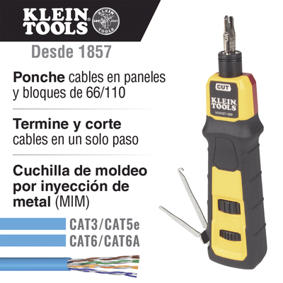 Herramienta Ponchadora de Impacto con Cuchilla para Paneles y Bloques de 66/110. Termina y Corta Cables CAT3, CAT5e y CAT6...
