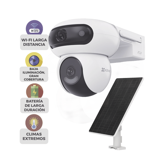 EZVIZ - CSHB90X/SP/4G/W - Cámara de Seguridad Dual 4G LTE + WiFi 6 / 4MP + 4MP Dual Lente / 360° Panorámica / Detección IA Humano-Vehiculo / Seguimiento