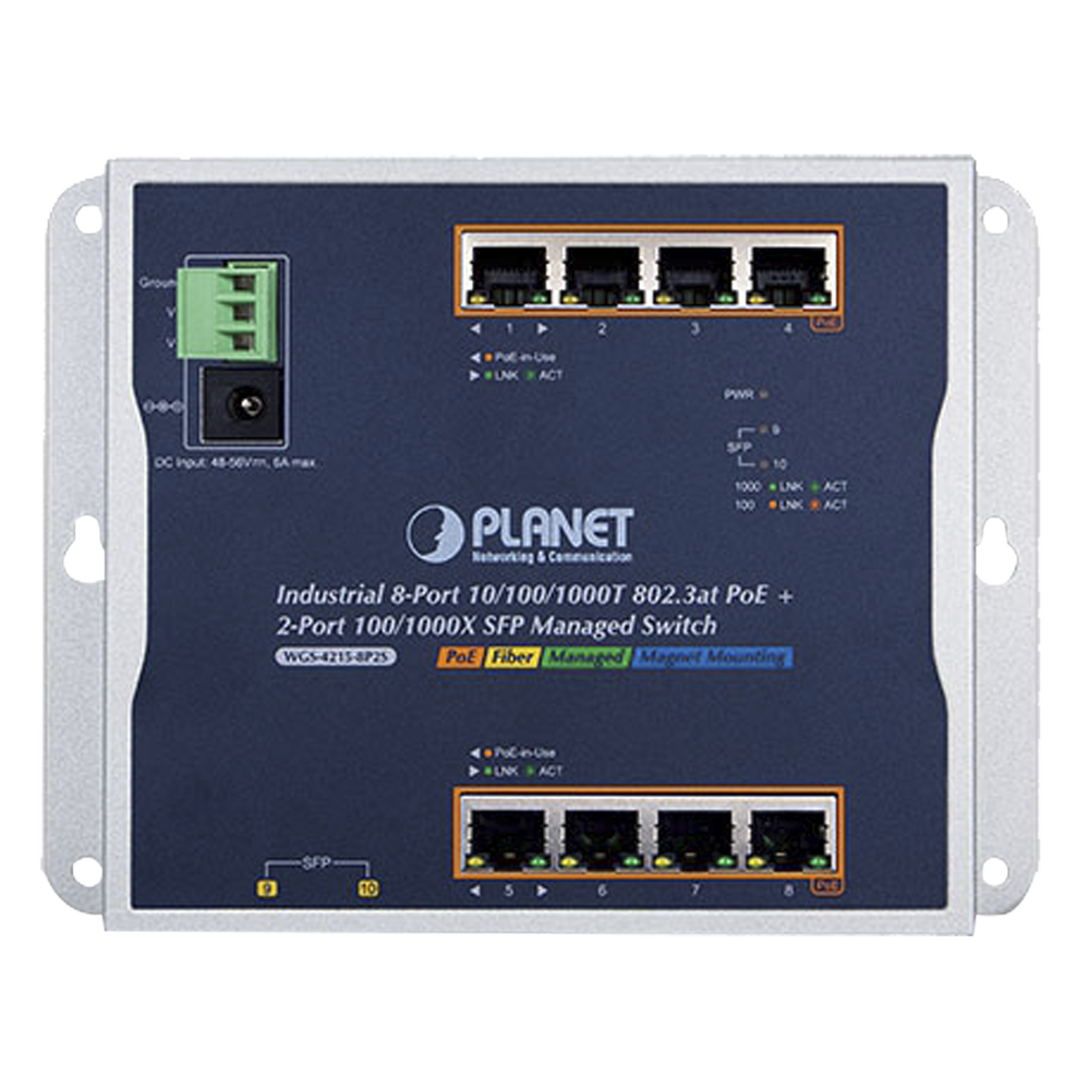Switch Industrial PoE Administrable de Pared / 8 Puertos Gigabit PoE 802.3at / 2 Puertos SFP 100/1000X / Presupuesto PoE 200W / | SIERRA STORE