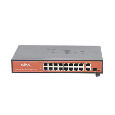 Switch PoE (802.3af/at/bt) / No administrable de largo alcance / Hasta 250m / 16 x 10/100Mbps (PoE) + 2 x 100/1000Mbps + 1...