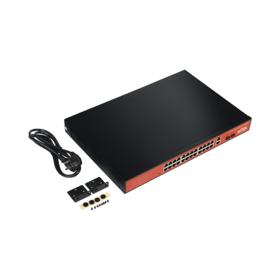 Switch PoE (802.3af/at/bt) / No administrable de largo alcance / Hasta 250m / Con 24 x 10/100Mbps + 2 x SFP Gigabit Combo ...