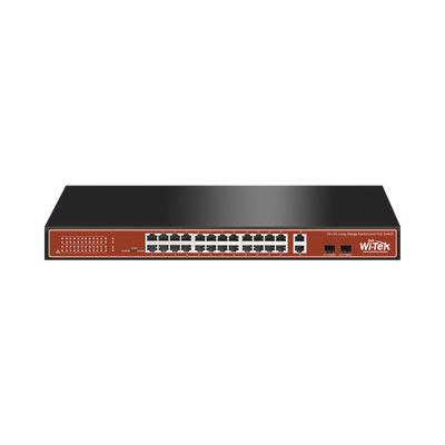 Switch PoE (802.3af/at/bt) / No administrable de largo alcance / Hasta 250m / Con 24 x 10/100Mbps + 2 x SFP Gigabit Combo ...