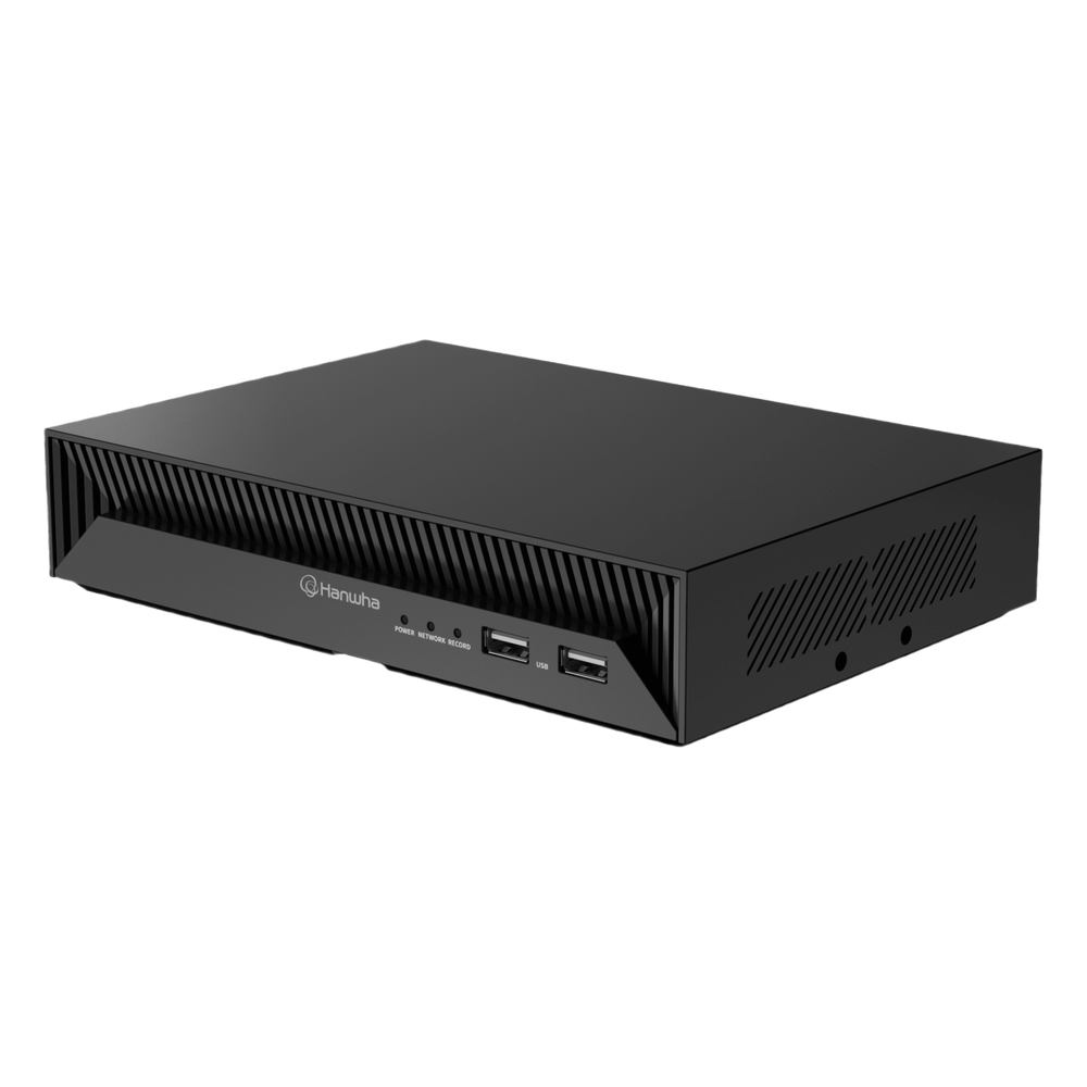 Hanwha Techwin Wisenet - XRN-426S-1T - NVR Inteligente 4CH AI / Soporte Cámaras 8MP / Códecs H.265-H.264-MJPEG / Grabación 40Mbps / 4 Puertos PoE / SSD 1TB / Salida HDMI /