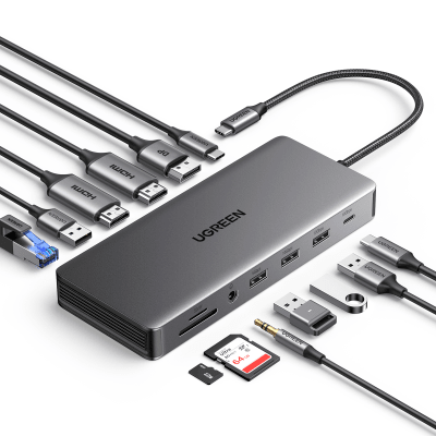 Docking Station USB-C 12 en 1 / 2 HDMI 4K@60Hz + DisplayPort 4K@60Hz / 6 Puertos USB (3.2 y 3.0) / Gigabit Ethernet / Lector SD/TF / | SIERRA STORE