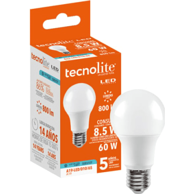 Foco LED A19 8.5 W / Base E27 / 800 lm / 6 500 K Luz de Día / IRC 80 / 15 000 h / No Atenuable | SIERRA STORE