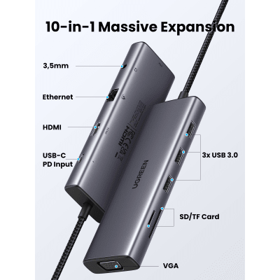 Hub USB-C 10 en 1 / HDMI 4K@30Hz + VGA 1920x1200 / 3x USB 3.0 5Gbps / Ethernet Gigabit / SD/TF Card Reader / PD 100W / Aud...