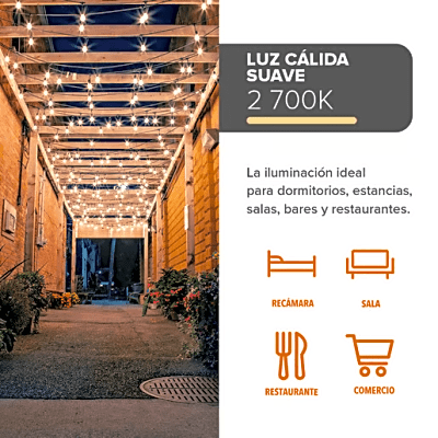 Guirnalda Serie de 24 Luces LED de 24 W / Longitud de 14.6 m (47.9 ft) con 24 Focos S14 / 2700 K Luz Cálida / 111 lm / IP65 Interior y | SIERRA STORE