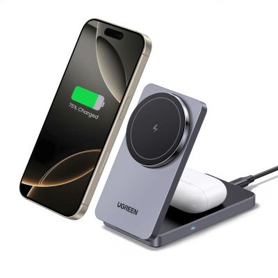 Cargador Inalámbrico 2 en 1 20W / Tecnología Qi2 15W Certificada / Carga Simultánea iPhone y AirPods / Ángulo Ajustable 70...