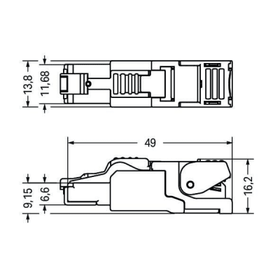 Conector Ethernet RJ-45 / Cat. 6A / Axial / Código T568A / AWG 22 / 10 Gbps / IP20 / -40°C a +85°C WAGO - Vista 3
