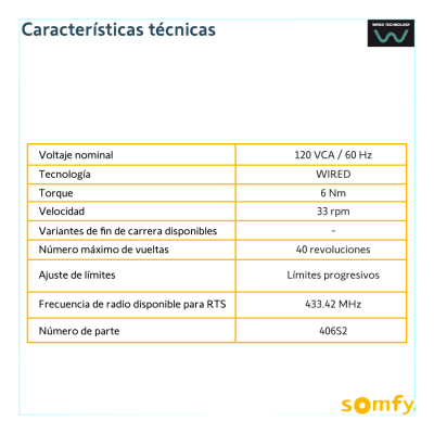 Motor Tubular Mecánico / 4 Hilos / 120 VCA / Tubo 50 mm / Persiana hasta 3 m (9.8 ft) ancho / 4 m (13.1 ft) alto / 33-60 rpm / 49 dB | SIERRA STORE