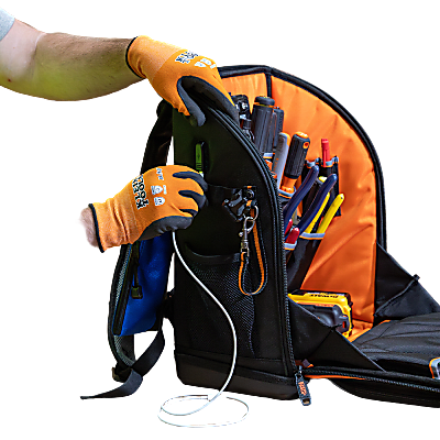 Mochila Profesional para Herramientas / 27 Bolsillos / Base Moldeada Ancha / Interior Naranja / Puerto USB-C / Acceso Estación de | SIERRA STORE