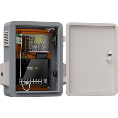 Gabinete todo en uno, protección IP55, switch PoE++ 90W BT, 16 puertos Gigabit, 2 SFP, 20 Gbps, sensores: temperatura, humedad y relay | SIERRA STORE