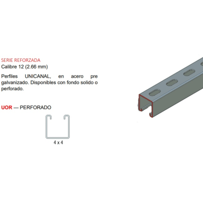 Unicanal Perforado / 4 x 4 cm / 3 m (9.84 ft) / Calibre 12 / Acero Pregalvanizado | SIERRA STORE
