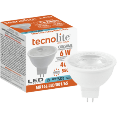 Lámpara LED MR16 / 6 W / 550 lm / Luz de Día 6500 K / IRC 80 / Base GX5.3 / 100-240 V / No Atenuable / Vida 15000 h / Garantía 5 Años | SIERRA STORE