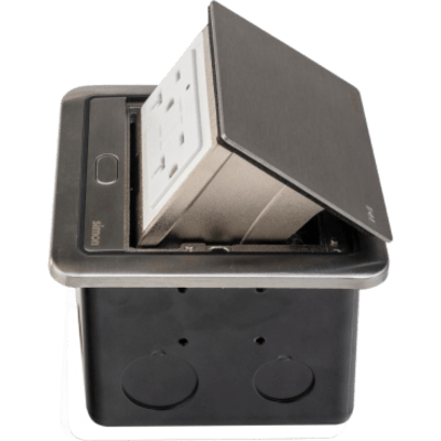 Caja de Piso IP44 con GFCI / 20 A / 2500 W / AUTOTEST / Acero Inoxidable / Push to Open / Protección Aguas Abajo / Seguridad TR / Uso | SIERRA STORE