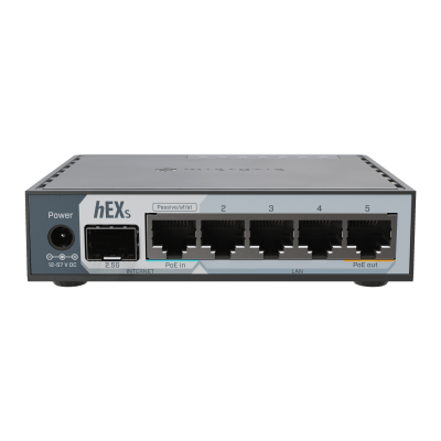 Router hEX S / 5 Puertos Gigabit Ethernet / 1 Puerto SFP 2.5G / Dual-Core ARM / 512 MB RAM / RouterOS V7 / PoE-In y PoE-Ou...