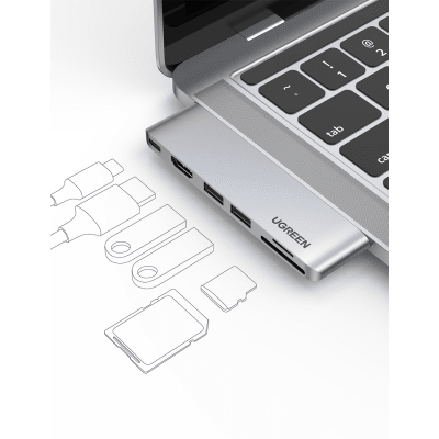 Hub USB-C 6 en 1 / 2xUSB-A 3.0 (5Gbps) / HDMI 4K@30Hz / Puerto PD 100W / Lector SD+MicroSD / Aluminio / Compatible Thunder...