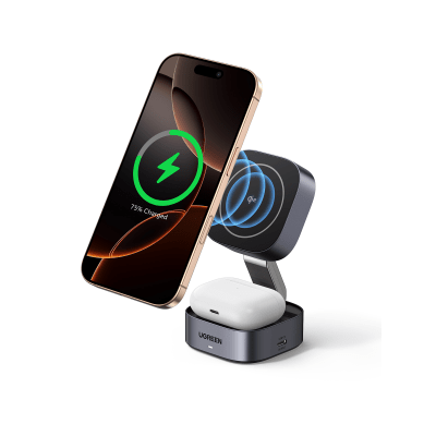 Cargador Inalámbrico 2 en 1 25W / Tecnología Magnética Qi 2 / 15W para Teléfono + 5W para Auriculares / Puerto USB-C 5W / ...