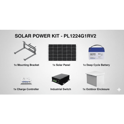Kit Solar PoE Pasivo 24 Vcc / Panel 130 W / Batería 120 Ah / Autonomía 48 h / 12 Vcc / 427 pies | SIERRA STORE