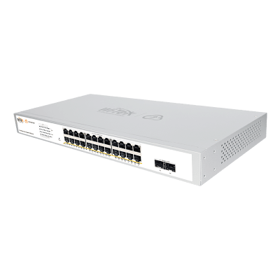 Switch Administrable PoE / 24 Puertos Gigabit PoE af/at / 2 x SFP Gigabit / 52 Gbps / Presupuesto PoE 370 W / Administración Cloud | SIERRA STORE