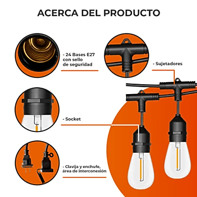 Guirnalda Serie de 24 Luces LED de 24 W / Longitud de 14.6 m (47.9 ft) con 24 Focos S14 / 2700 K Luz Cálida / 111 lm / IP65 Interior y | SIERRA STORE