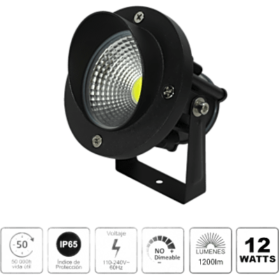 Luminario LED Tipo Estaca / COB / 12W / 110-240V~ 60Hz / IP65 / 2700 K Luz Cálida / Ángulo de Luz 36° / Cabeza Ajustable 45° a 85° / | SIERRA STORE