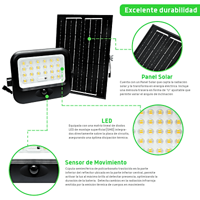 Luminario LED Solar / Sensor PIR / Potencia 100 W o 200 W / Flujo Luminoso 1600 lm o 4600 lm / Batería de Fosfato 3.2V 6Ah o 15Ah / | SIERRA STORE