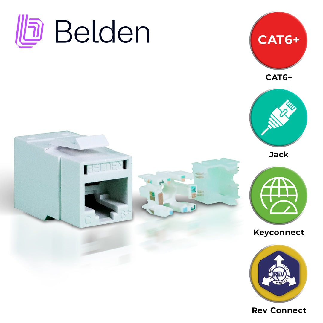 CONECTOR MODULAR JACK CAT6+ RJ45 BELDEN RV6MJKUEW-S1 / REVCONNECT / INTERIOR / BLANCO / PIEZA