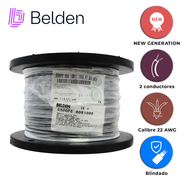 CABLE DE SEGURIDAD Y SONIDO BELDEN 5500FE 0081000 / INTERIOR / GRIS / 2 CONDUCTORES / 22 AWG / MULTIFILAR / FORRO PVC / 