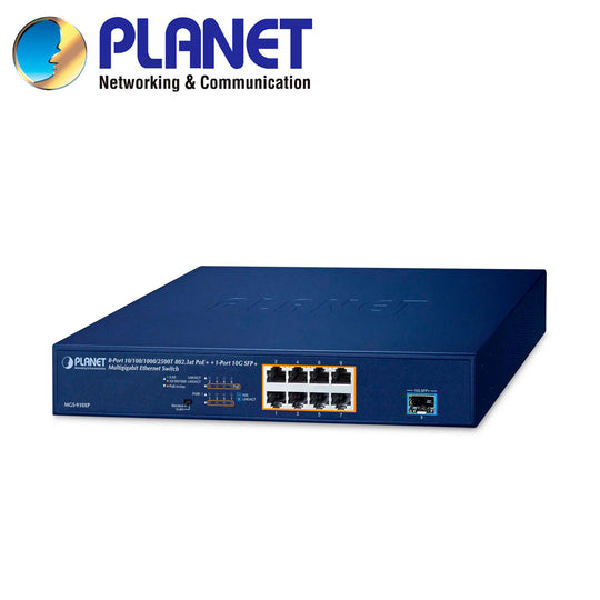 SWITCH POE NO-ADMINISTRABLE PLANET MGS-910XP / 8 PUERTOS RJ45 POE AF/AT 10M/100M/1G/2.5GBPS / 1 PUERTO SFP+ 10GBPS / BUD