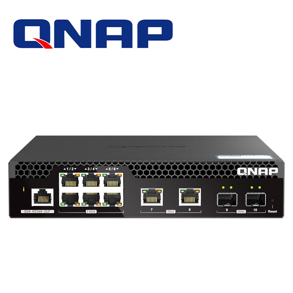 SWITCH QNAP QSW-M2106R-2S2T PARA RACK / GESTIONABLE / 6 PUERTOS 2.5GBPS / 2 PUERTOS SFP+ 10GBPS / 2 PUERTOS 10GBE NBASE-