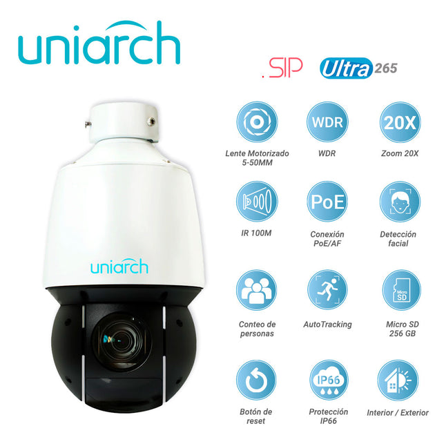 CAMARA IP PTZ UNIARCH IPC-P413-X20K / 3MP / ULTRA265/ LENTE MOTORIZADO 5-100 MM / WDR / ZOOM 20X / IR 100M / POE AT / 12