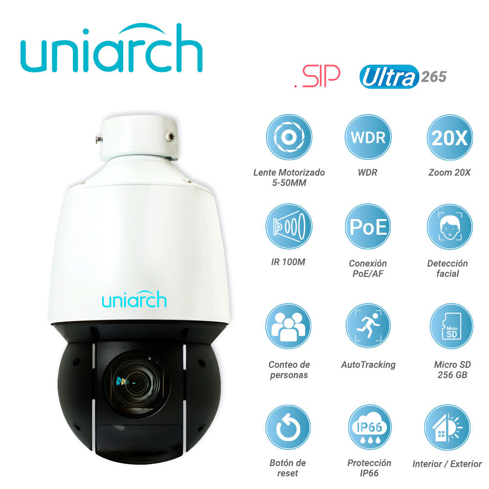 CAMARA IP PTZ UNIARCH IPC-P413-X20K / 3MP / ULTRA265/ LENTE MOTORIZADO 5-100 MM / WDR / ZOOM 20X / IR 100M / POE AT / 12