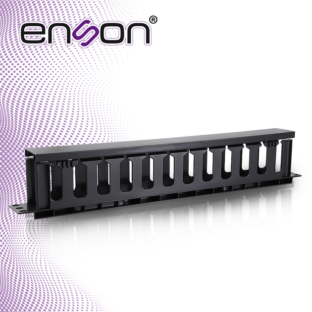 ORGANIZADOR HORIZONTAL FRONTAL PARA RACK ENSON ENS-CM14 1UR CON PEINES DE POLICARBONATO TAPA REMOVIBLE Y ABATIBLE PARA M