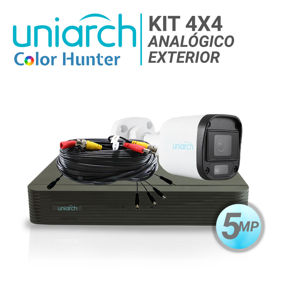 KIT 4X4 ANALOGICO UNIARCH EXTERIOR BULLET COLOR HUNTER 5MP IP67 TVI/AHD/CVI/CVBS INCLUYE 1 XVR 4 BNC+2 IP / + 4 CAM BULL