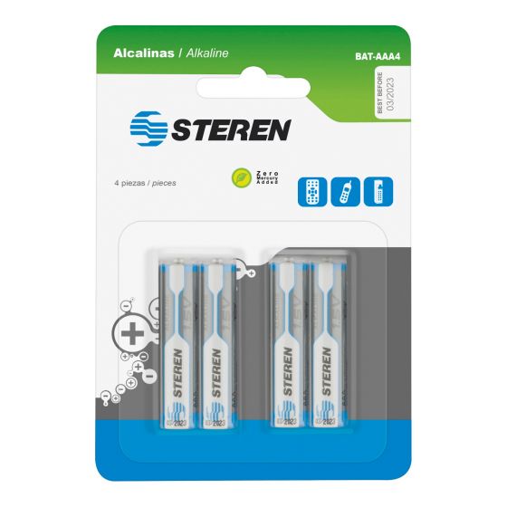 PAQUETE DE 4 BATERIAS ALCALINAS AAA DE 1,5 VOLTS STEREN BAT-AAA4