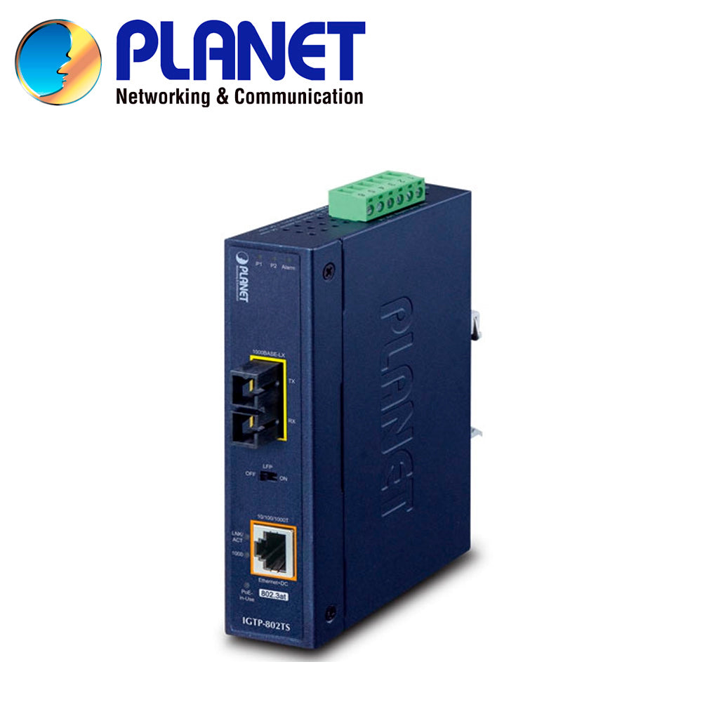 CONVERTIDOR DE MEDIOS POE MONOMODO INDUSTRIAL PLANET IGTP-802TS / 1 PUERTO RJ45 POEAF/AT 10/100/1,000MBPS / 1 PUERTO OPT